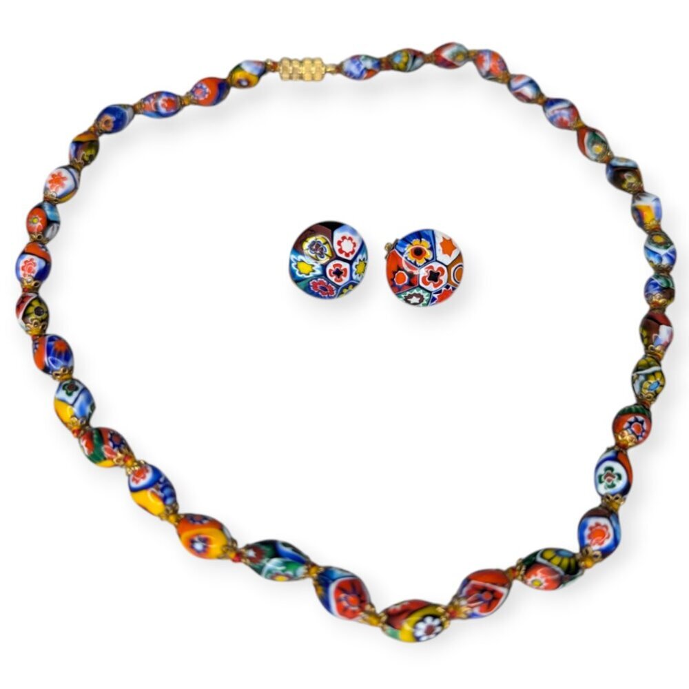 Vintage Milliefori Venetian Italian Glass Beaded Necklace & Matching Earrings